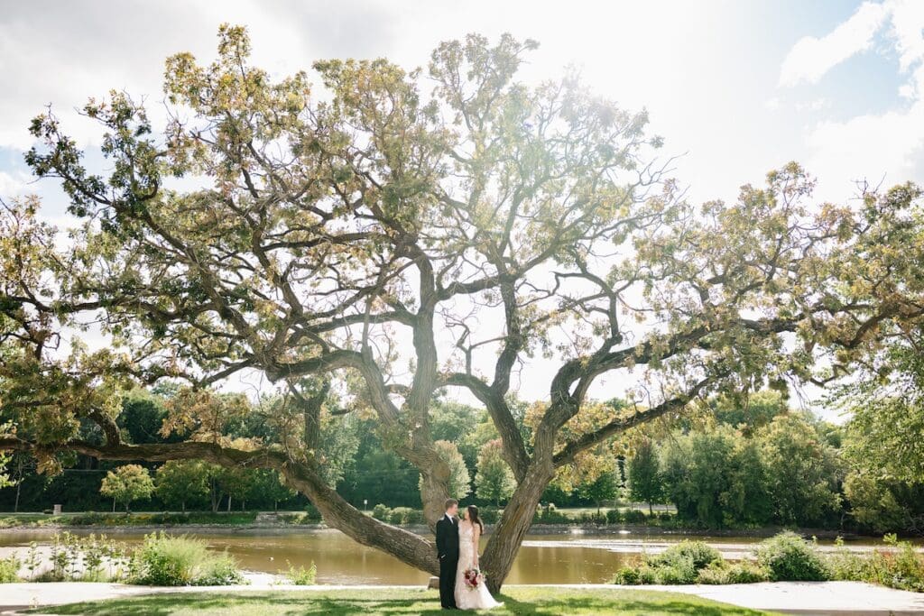 Bride and groom stand in front a big oat tree at The Brix on the Fox.
