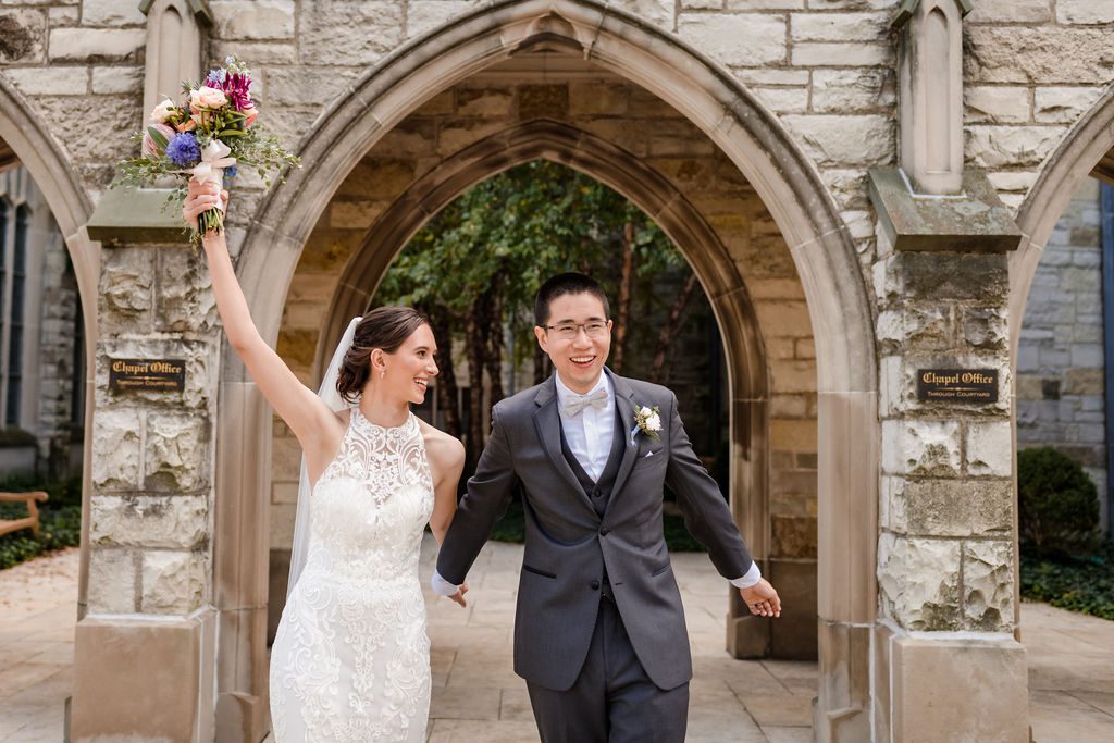 Bride and groom walk out of Alice Millar Chapel