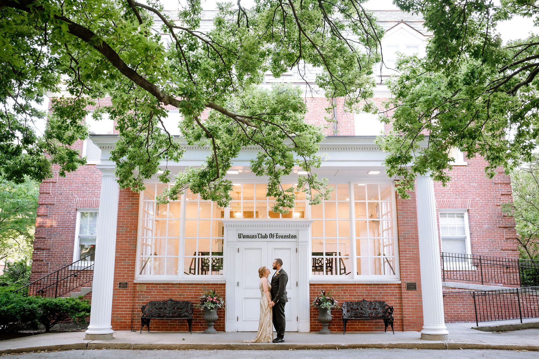 Bride and groom outside the Women's Club of Evanston.