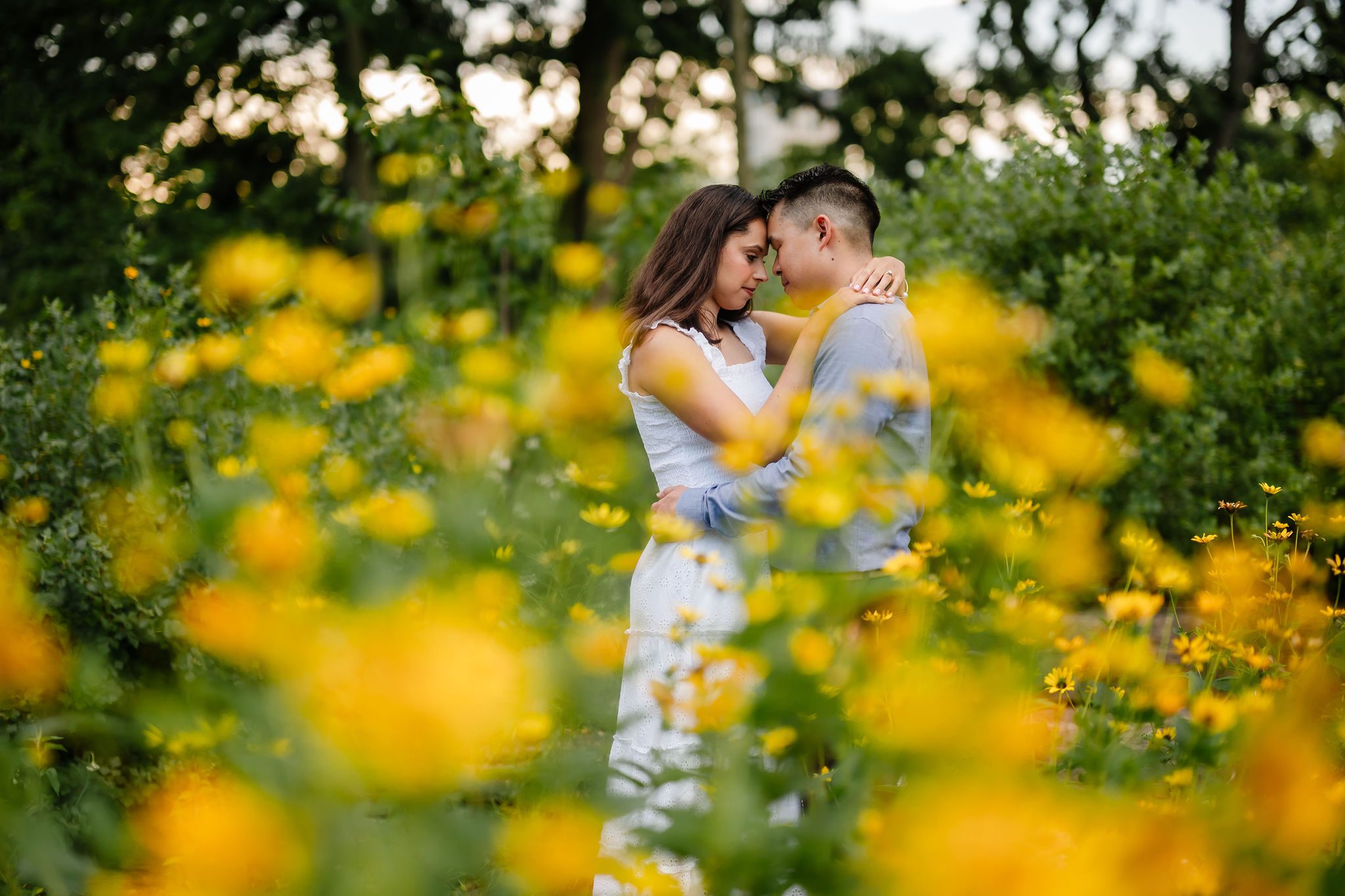 A couple embrace behind yellow flowers.
