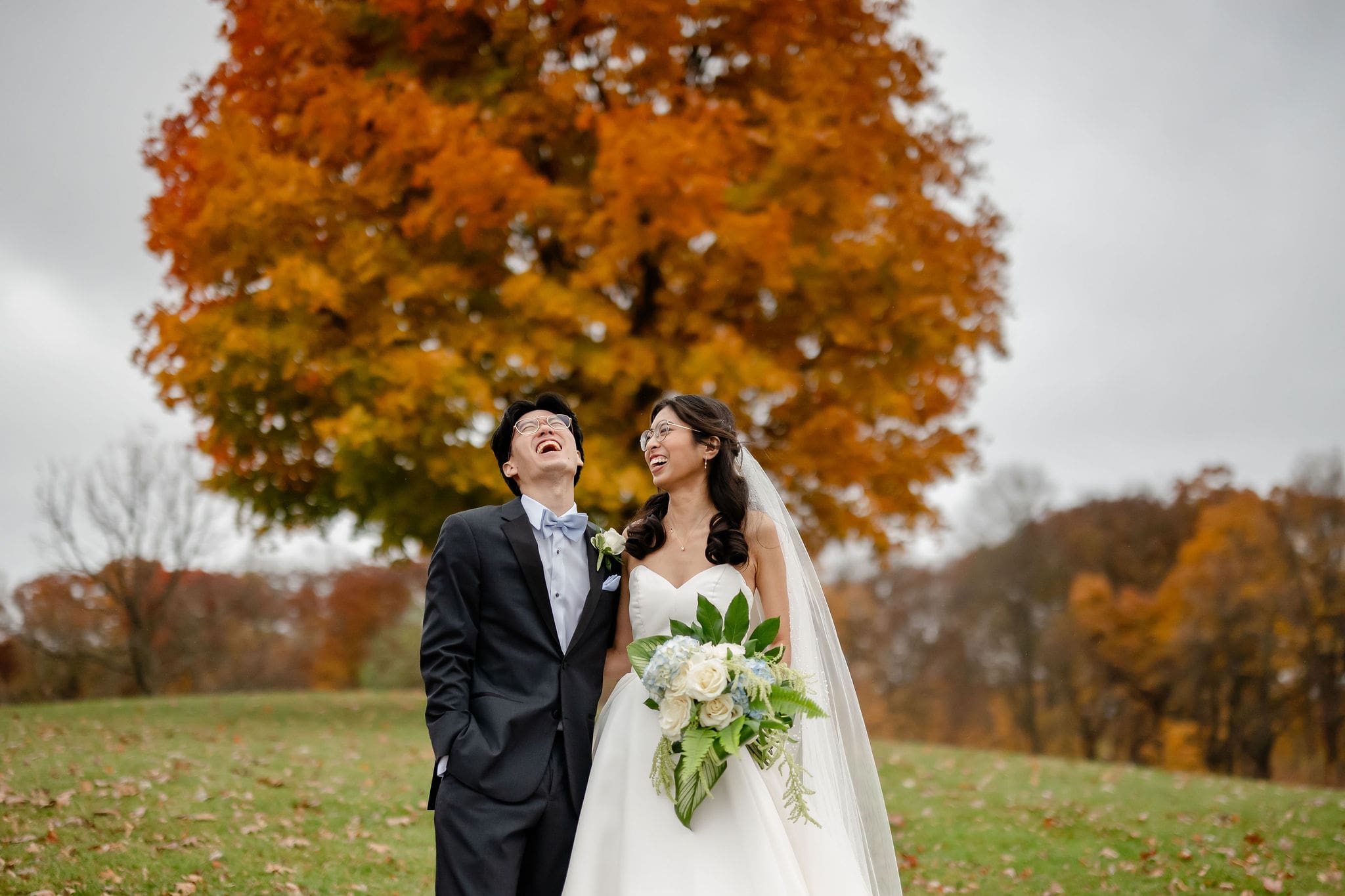 Bride and groom laugh on a hill in front of a fall tree at Independence Grove in Libertyville.